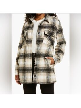Thread & Supply Plaid Utility Shacket in Beige, Black and Cream